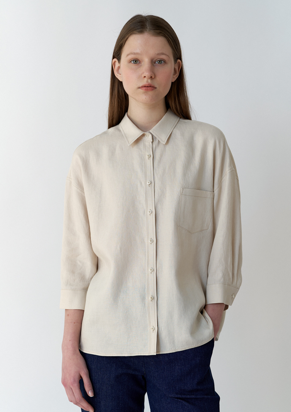linen stitch shirts-beige