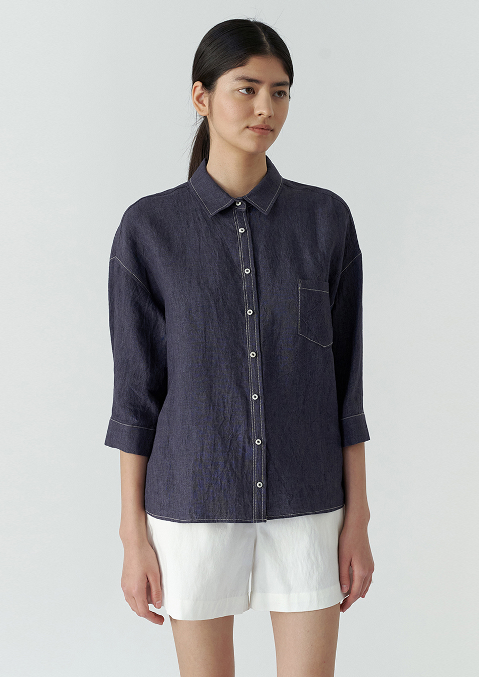 linen stitch shirts- navy