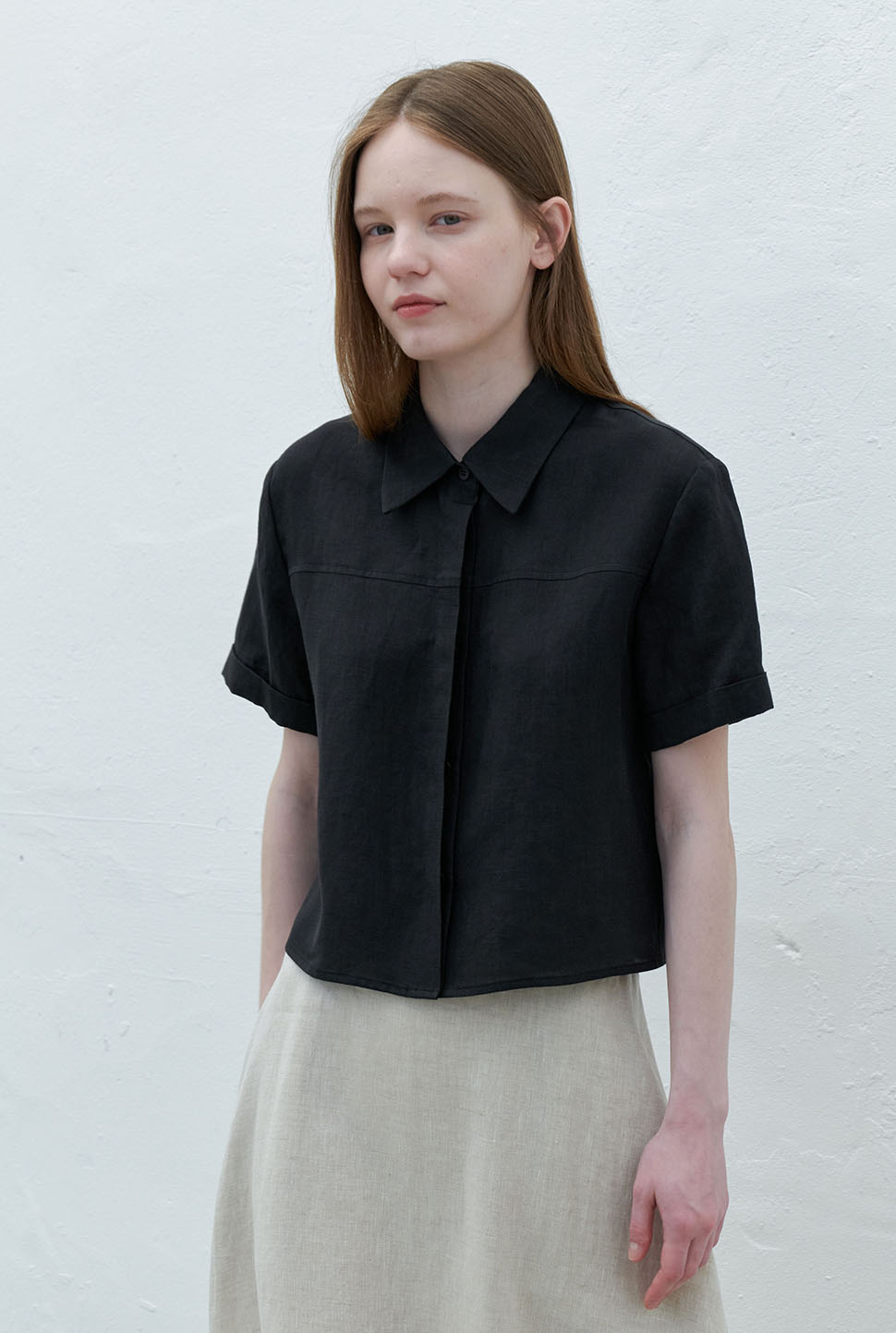 linen crop blouse-black