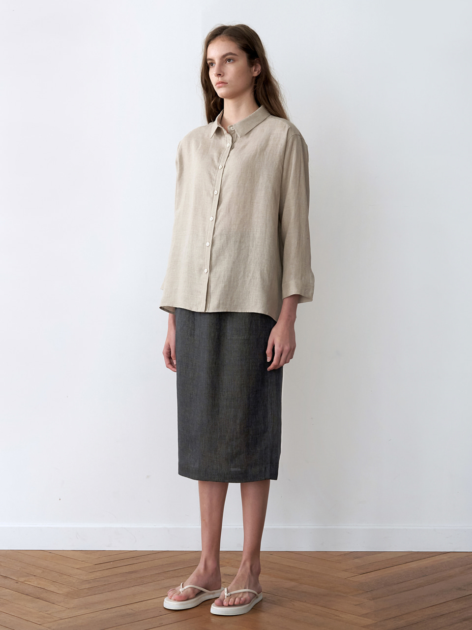 linen H line skirt-deep green / khaki / beige