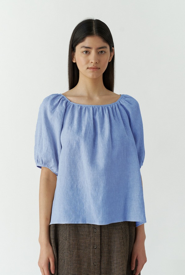 linen neck shirring blouse - blue