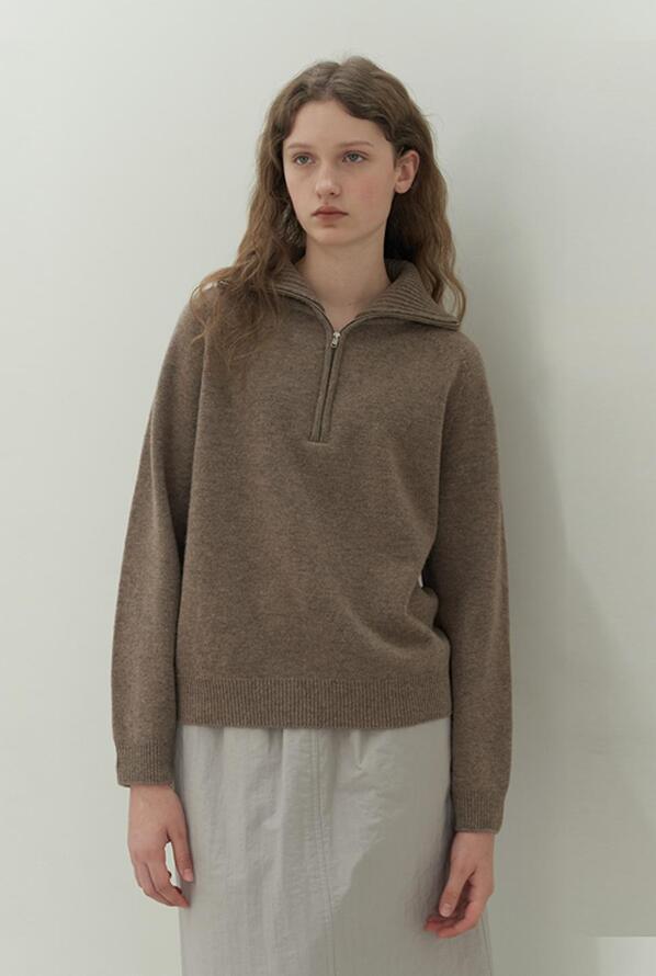 zip-up wool pullover-brown