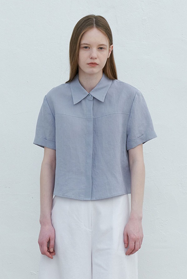 linen crop blouse-blue